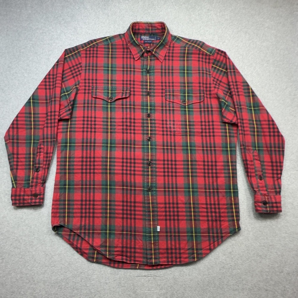 Polo Ralph Lauren Shirt Mens Large Red Plaid Cotton Wool Long Sleeve Button Up
